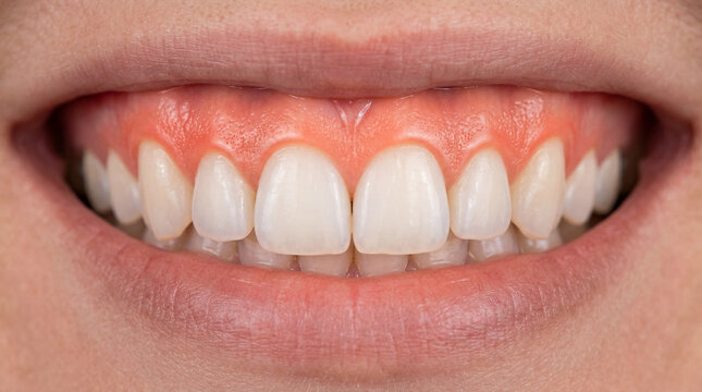 Healthy white teeth with red inflamed gums showing gingivitis symptoms