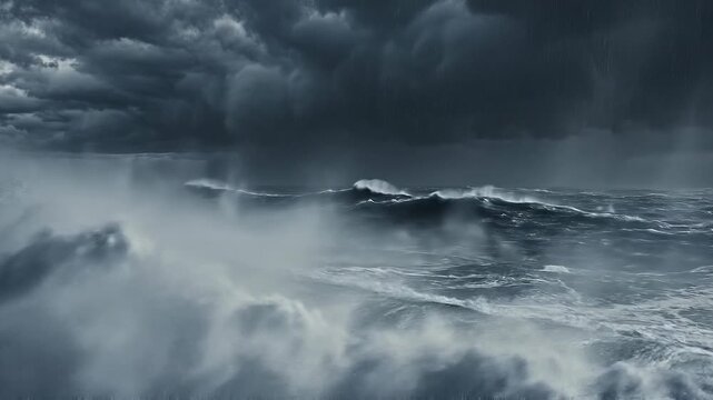 Powerful stormy ocean waves crashing under dark cloudy sky with dramatic weather and rough sea