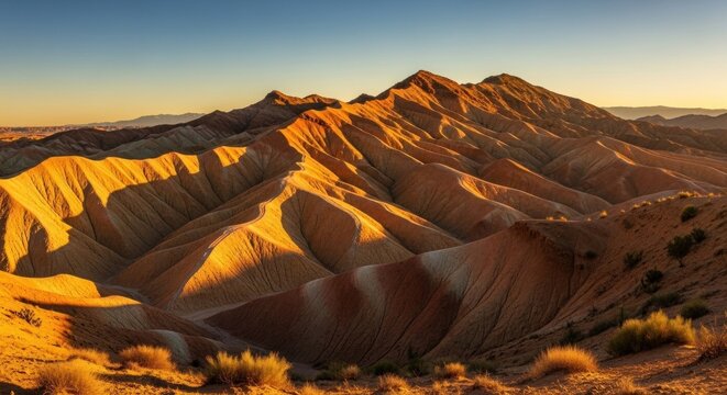 Rugged terrain of arid mountain ranges with golden sunlight casting long shadows across layered rock formations during dawn to create a natural landscape scene showing geological earth surface