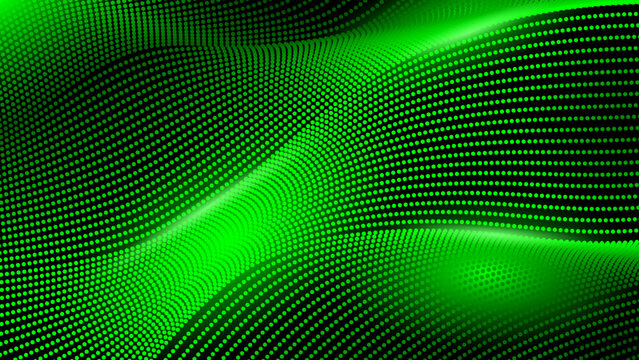 Abstract Futuristic Digital Technology Wave Background with Green Glowing Lines on Black. Design for Background, Backdrop, Wallpaper, Template, Poster, Banner, Presentation, Website.
