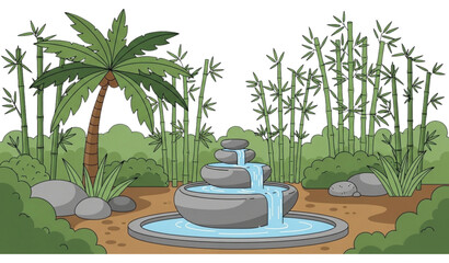 Obraz premium Tropical garden vector bamboo palm fountain zen landscape illustration