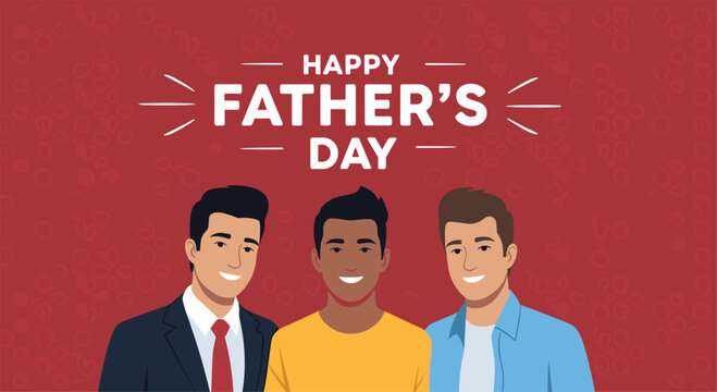 Happy Father's Day text with an illustration of three diverse smiling men on a patterned red background for holiday celebration.