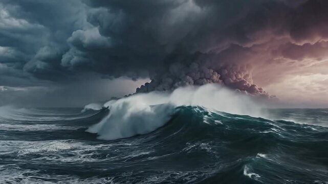 Dramatic stormy ocean waves with dark clouds and volcanic ash under moody sky at sunset