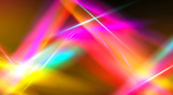 Red yellow cyan neon laser light beams - glowing crossing lines optical flare, vibrant intense energetic mood - background for modern concert poster - 3d render, abstract dark wallpaper.