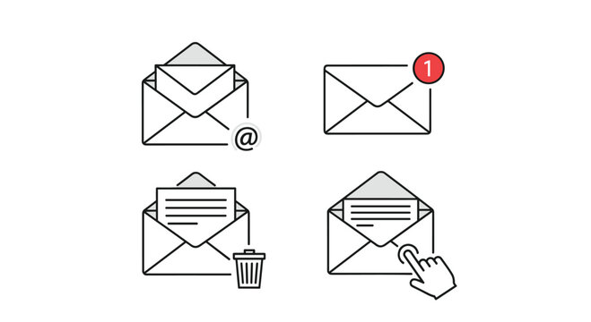 Set of email communication line icons including inbox, notifications, delete, and open message for web interface and app design usage.