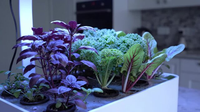 Vibrant collection of fresh herbs and plants for cooking ingredients in a modern indoor kitchen setting.