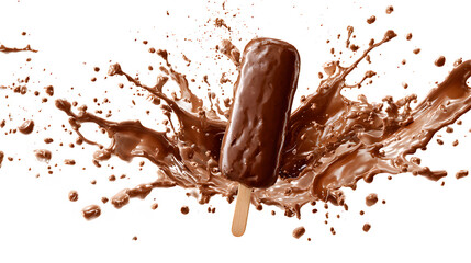 Fototapeta premium Chocolate-covered ice cream on a stick hanging in the air in chocolate splashes from an explosion, isolated on a white background