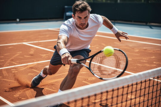 Man playing tennis lunges at the net to return a fast volley on clay court