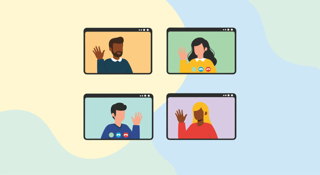 Four diverse people having a virtual meeting or social gathering through video call tiles on a colorful background.
