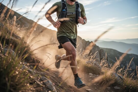 Man trail running on rugged mountain path with backpack at golden hour