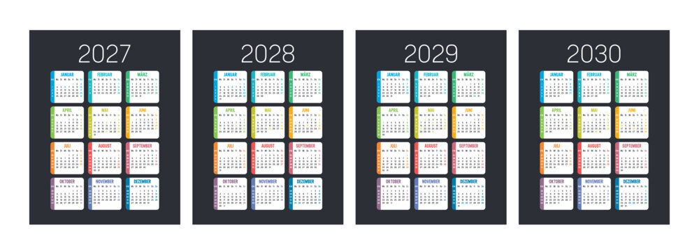 Kalender Bundle 2027 2028 2029 2030 deutsch farbenfroh, Kalenderwochen, dunkler Hintergrund, Feiertage Deutschland, Vektor