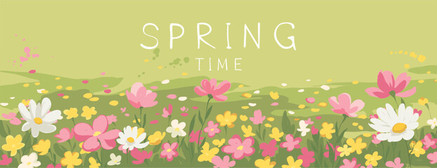 Obraz premium Spring landscape with flower meadow. Long panoramic vector background in watercolor style. Hand drawn author's drawing.