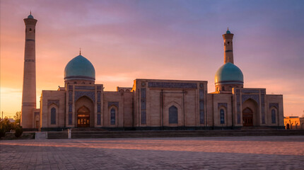 Fototapeta premium Mosque with turquoise domes and minarets at sunset