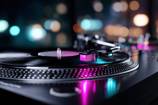 Vinyl record turntable with a glowing pink tonearm cartridge and colorful bokeh lights