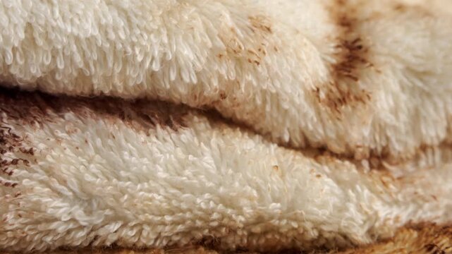Stained bath towel after dying hair extreme close up with a rotating camera move stock footage