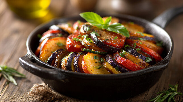 Healthy ratatouille baked in a cast iron skillet with fresh herbs and olive oil