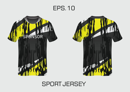 Sport jersey design template with black and yellow dripping paint pattern.