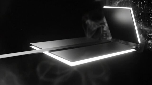 Abstract futuristic animation of illuminated geometric shapes floating and interacting with smoke in a dark environment