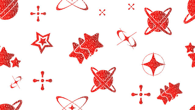 Red glitter Y2K seamless pattern isolated on transparent background. Vector sparkling celestial background with ruby stars and orbits for holiday packaging and modern decor. PNG format