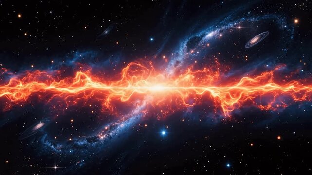 Bright orange-red nebula in deep blue space