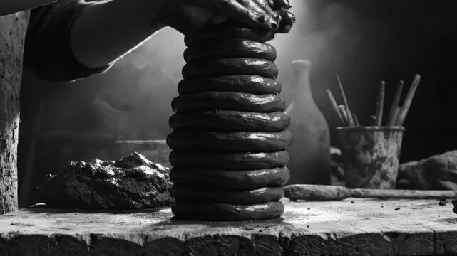 Black and white close-up of a potter building a stack of clay coils on a wooden workbench