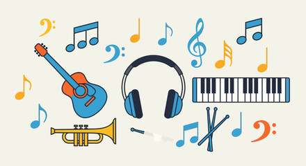 Music instruments and headphones illustration. © Kursim