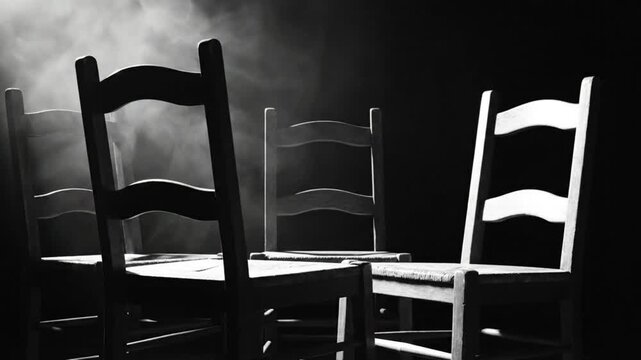 Mysterious circle of chairs with smoke and light against a dark background, evoking suspense and intrigue