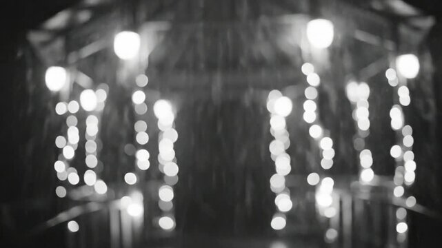 Black and white shot of a gazebo illuminated by string lights with rain falling in the night
