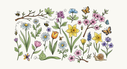 Colorful flowers and butterflies illustration. © Kursim