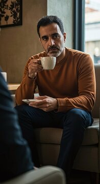 Thoughtful Middle Eastern Man Sipping Coffee, Engaged in Deep Conversation