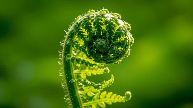 Macro view of a delicate, coiled fern fiddlehead in nature, symbolizing growth and spring life against soft green bokeh.