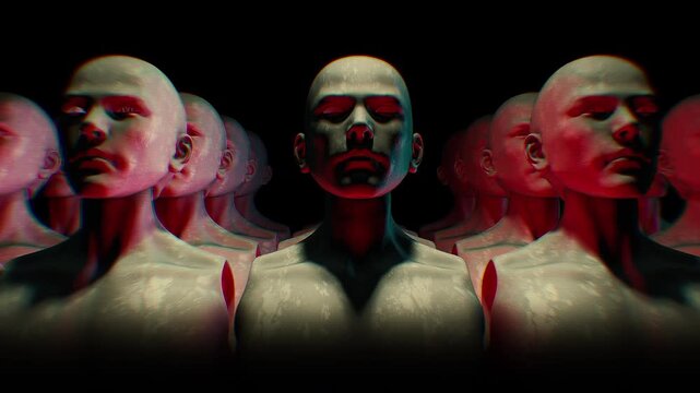 A dark looping background of endless rows of hollow mannequin style humanoid clones.