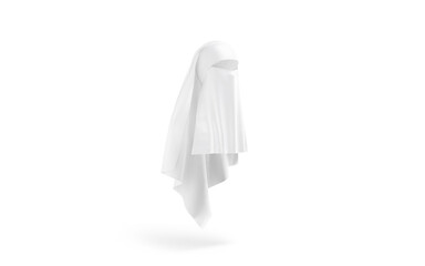 Fototapeta premium Blank white female niqab mockup png, transparent background, 3d rendering. Empty nationality woman head-covering mock up cut out. Clear shawl or veil headgear for muslim secret headdress template.