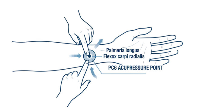 Acupressure point PC6 on human wrist, alternative medicine, pain relief illustration