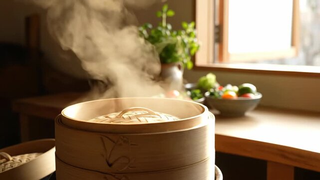 Steaming bamboo dim sum in a traditional kitchen setting with a plant and vegetables on a table by the window displaying a warm and cozy atmosphere with food and steam