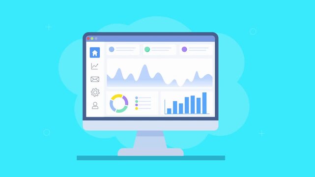 Flat vector animation of a desktop analytics dashboard with clean charts and graphs. Concept of business data analysis, performance tracking, and modern digital reporting interface.
