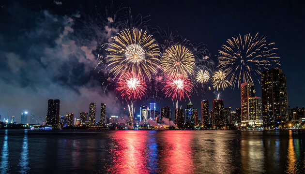 Spectacular City Skyline at Midnight New Year's Eve with Gold and Silver Fireworks Display