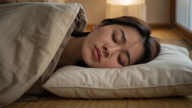 和室の畳と布団で日本人女性が行灯の灯りに包まれて眠る