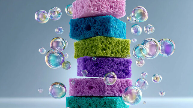 A stack of brightly colored foam sponges for cleaning is surrounded by iridescent soap bubbles on a light background, representing the concept of cleanliness, cleaning products, and detergents.