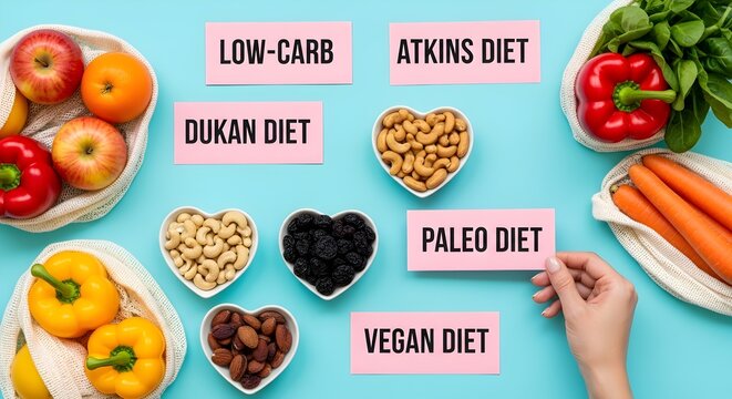 Variety of healthy foods for low-carb, Atkins, Dukan, Paleo, and vegan diets on a blue tabletop with a hand reaching for vegetables