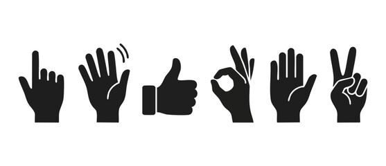 Fototapeta premium Hand Gestures Icon Set Collection, Communicative Signs and Symbols. Black silhouettes of pointing, waving, thumbs up, ok, palm and victory peace sign for business UI design elements on white backgroun