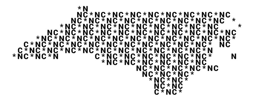 Typographic Map of the State North Carolina (USA) with a pattern of capital letters that only show the postal code of the state