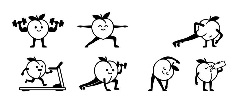 Peach Character Fitness Set, Cute Fruit Doing Exercises and Yoga. Vector black and white icon collection featuring happy athletic peaches lifting dumbbells, running on treadmill, stretching and drinki