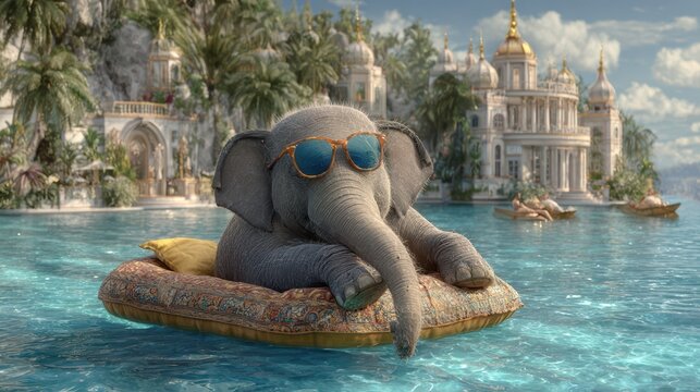 Elephant enjoying pool day on float, sunglasses, luxury estate background, colorful cinematic scene, 8k 