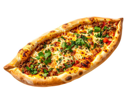 Traditional boat shaped Turkish pide flatbread pizza topped with minced meat cheese herbs food mockup