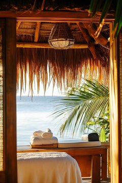 Massage bed with towels overlooking ocean from thatched hut