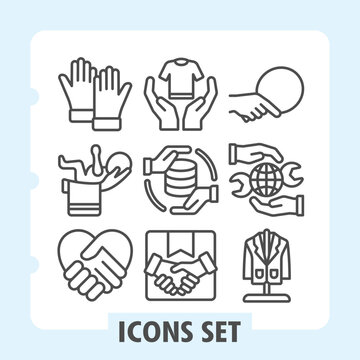 Gloves, baby infant, handshake icons, collection illustrating concepts such as business, partnership, donation, global service and care. Set of nine line icons on white background.