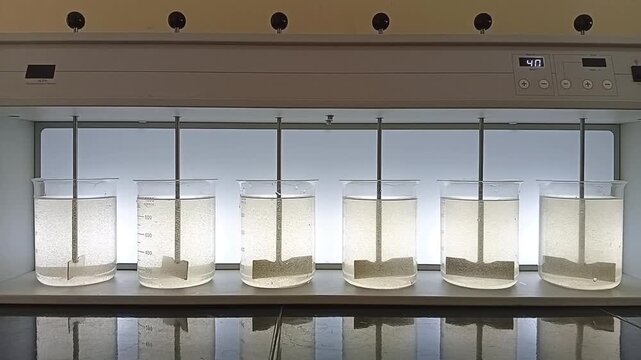 Jar Test Sequence: Concluding Slow Flocculation Phase at 40 RPM Showing Flocs in Moderate Turbidity Water