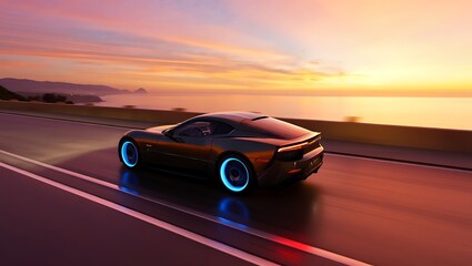 Obraz premium Futuristic electric car tire with glowing blue lines on sunlit road, symbolizing clean energy, innovation, modern transportation, advanced technology, and sustainable automotive performance design.