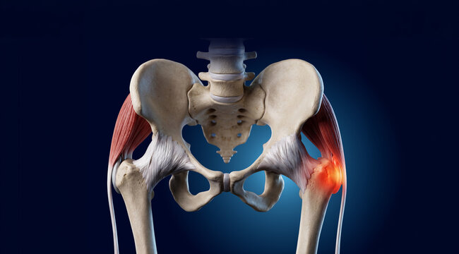 Trochanteric Bursitis. Inflamed Hip Bursa Anatomy Diagram with Iliotibial Band and Femur. Labeled
